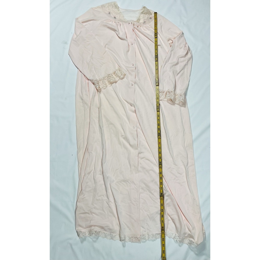 Shadowline Long Robe Pink Peach Nylon Lace Button Front Romantic VTG Size Large - Picture 9 of 11